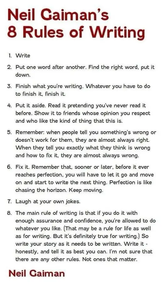 A white background image displays a numbered list titled 'Neil Gaiman's 8 Rules of Writing' in red text. The list details…