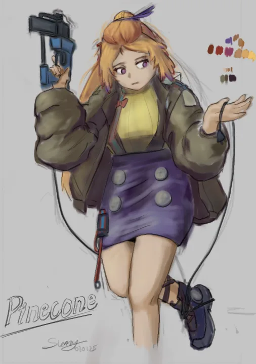 An anime-style illustration of a young woman with blonde hair, wearing a green jacket, yellow shirt, and purple skirt…