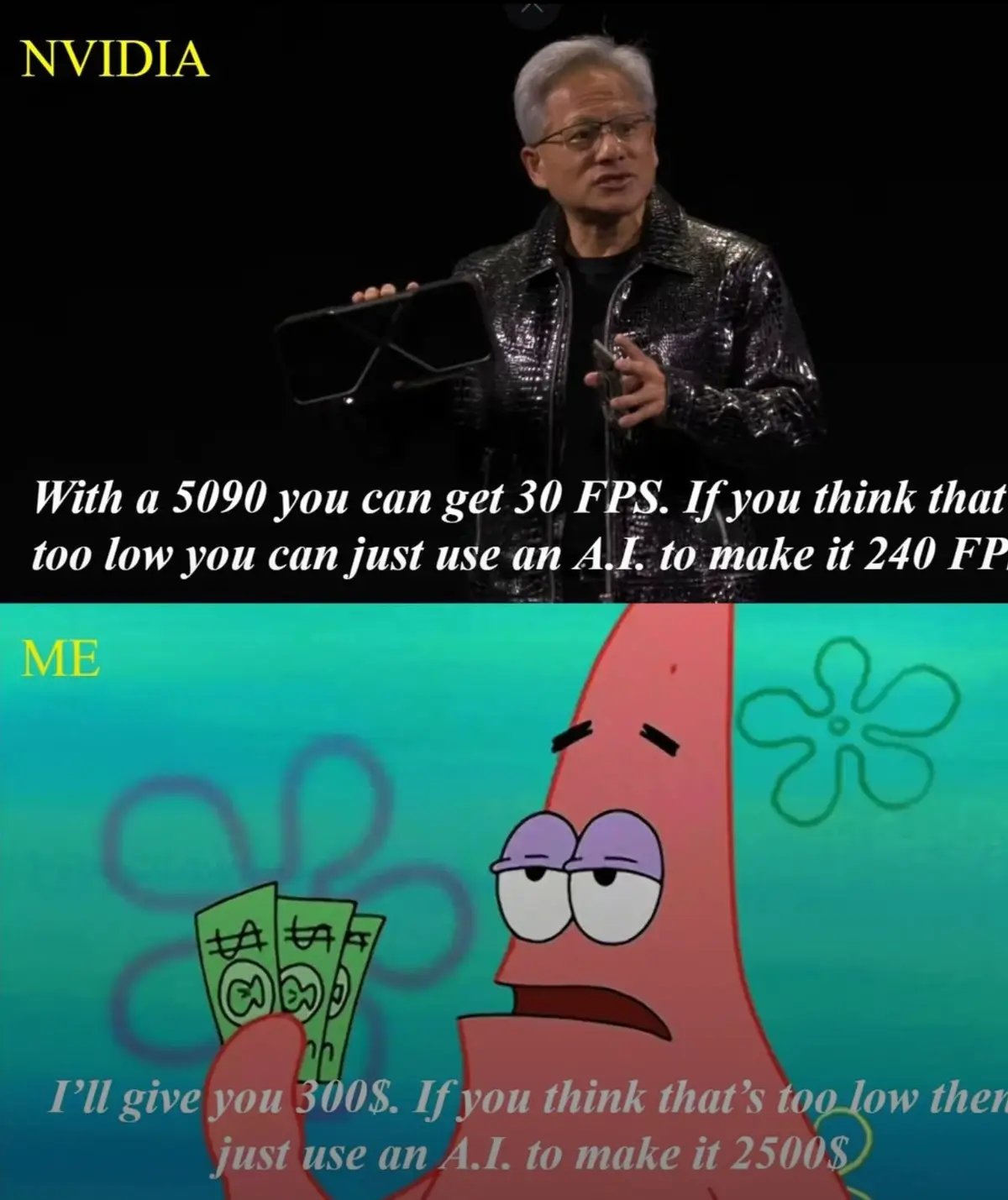 The top panel shows NVIDIA CEO Jensen Huang on stage holding a graphics card, with text claiming a 5090 can achieve 30 FPS…