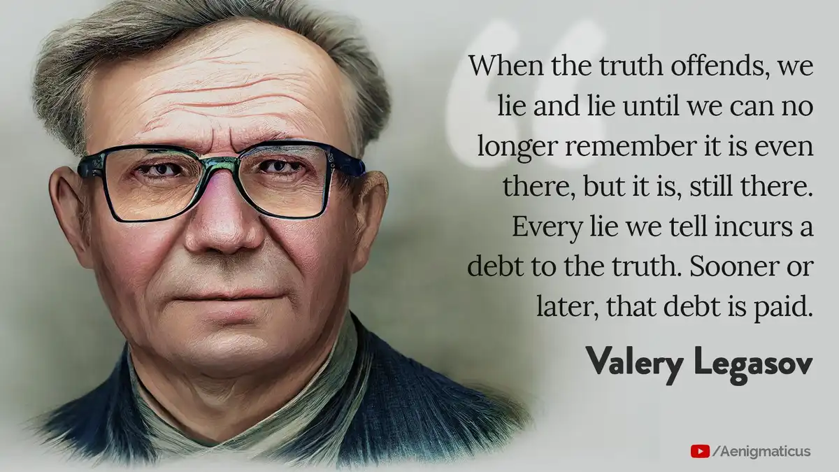 A digitally rendered portrait of Valery Legasov, a Soviet scientist, wearing glasses and a dark jacket, with a serious…