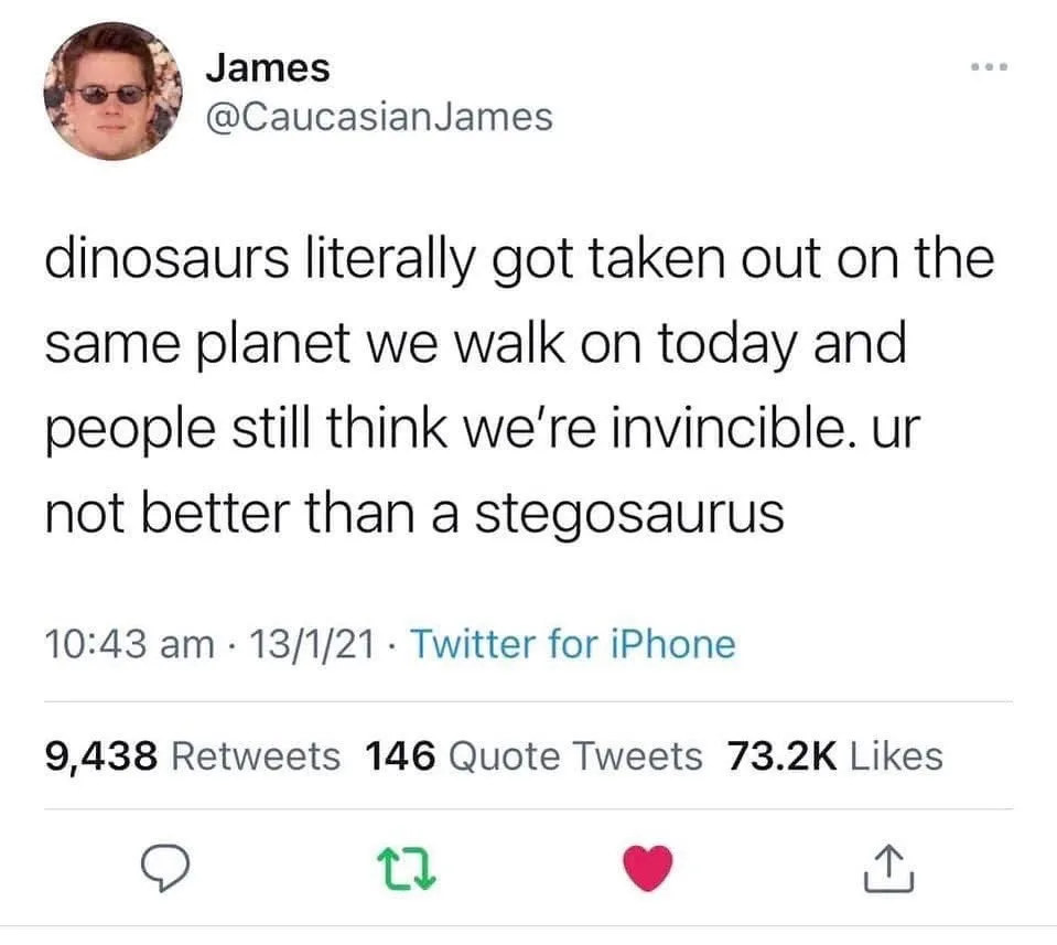 A screenshot of a tweet by user James (@CaucasianJames) from January 13, 2021, showing a profile picture of a man wearing…