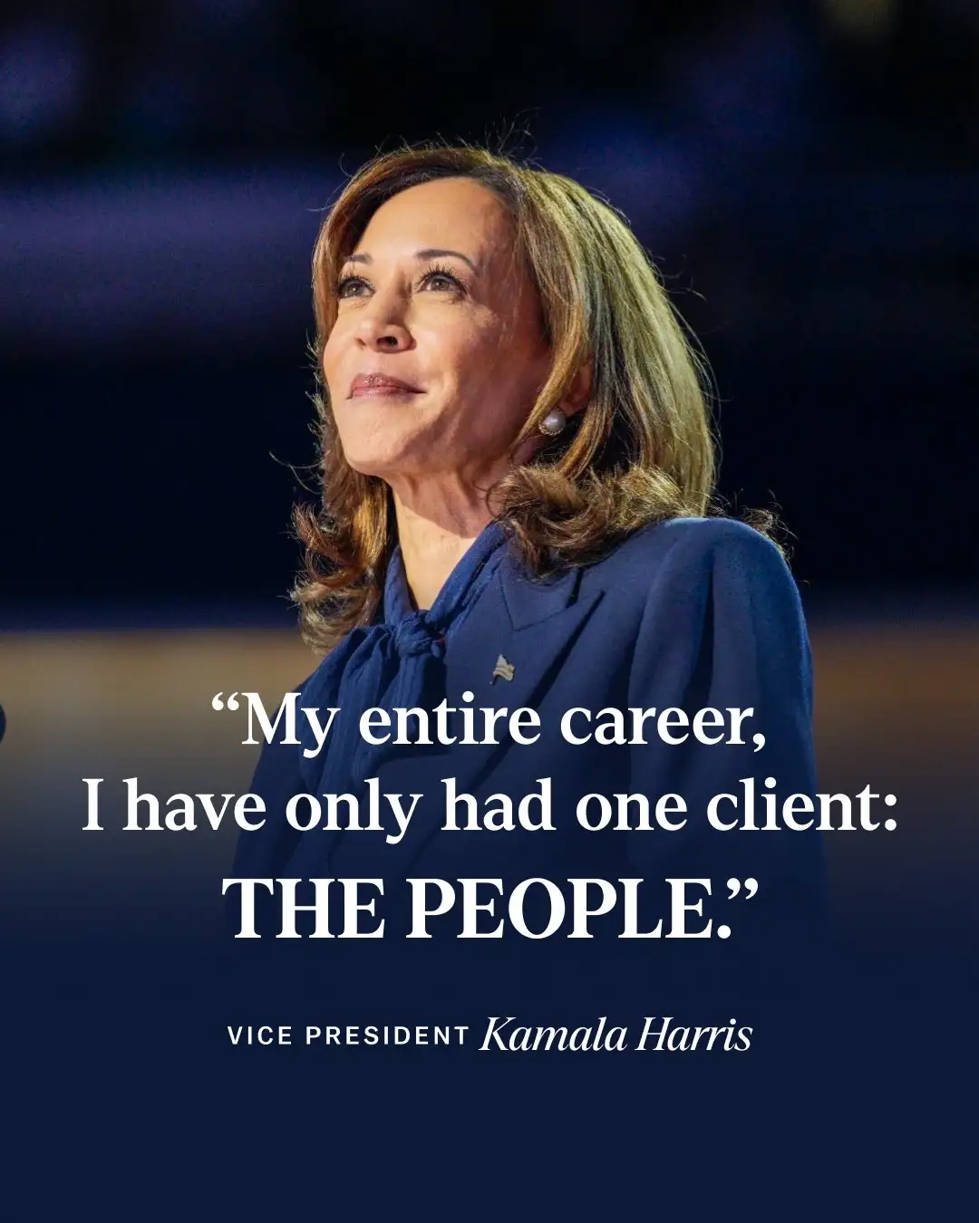 A portrait of Kamala Harris, Vice President of the United States, looking upward with a slight smile while wearing a dark…