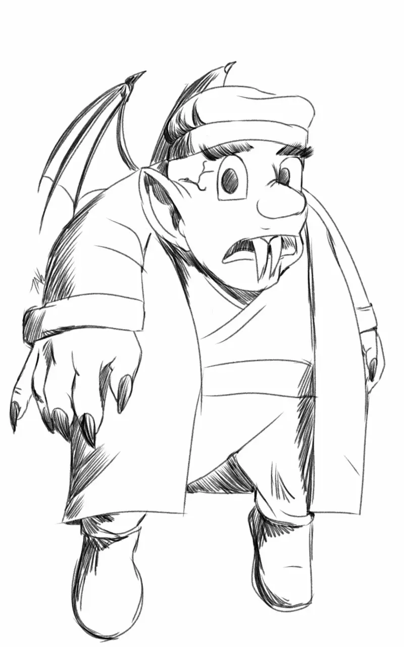 A black-and-white sketch of a cartoonish, angry-looking dragon-like creature with bat wings, fangs, and clawed hands…