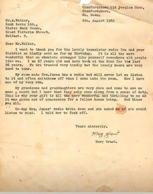 A yellowed, aged letter dated August 6th, 1982, from Mary Grant at Crawfordburn Old Peoples Home, Belfast, thanking Mr. A…
