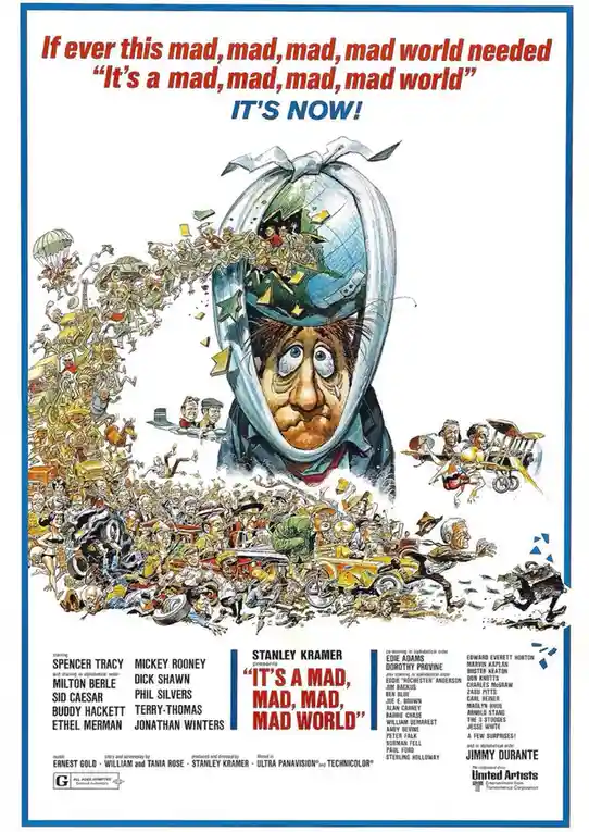 This is a vintage movie poster for the 1963 film 'It's a Mad, Mad, Mad, Mad World,' featuring a large, distressed man's face…