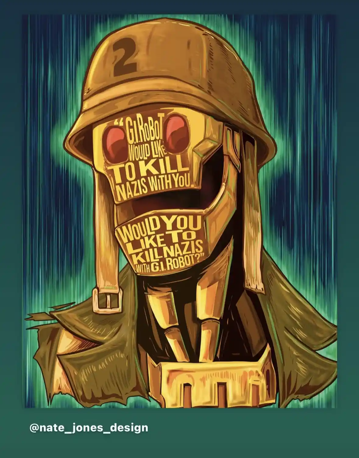 A golden robot wearing a military helmet marked with the number 2 and a tattered olive drab jacket stands against a…