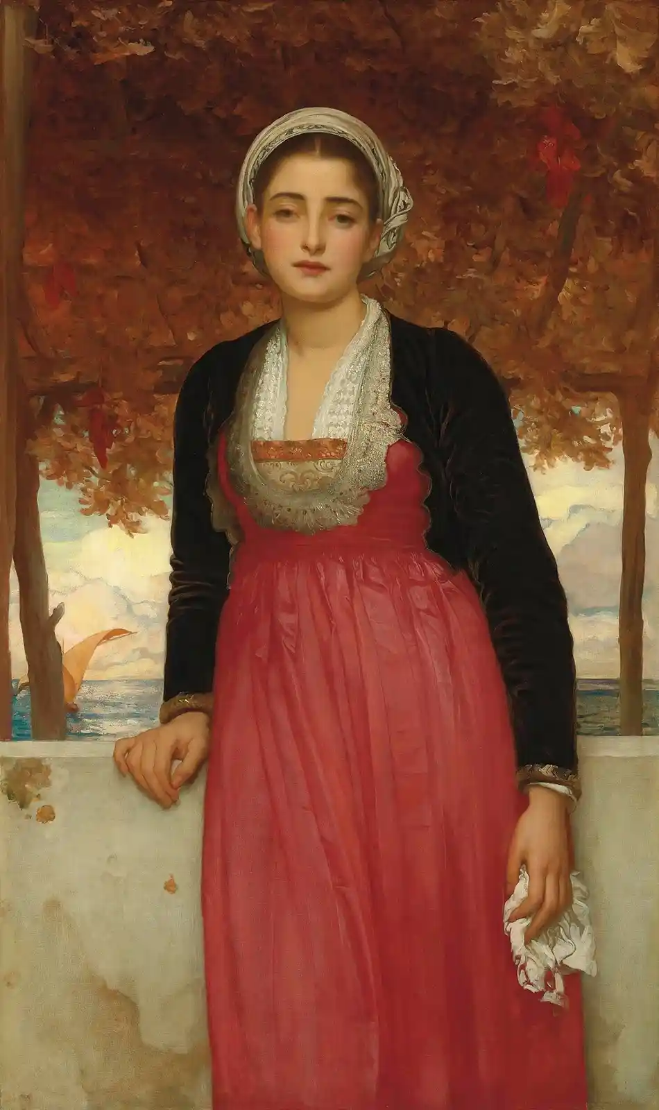 A classical painting of a young woman in a red dress and black jacket standing by a seaside wall, holding a crumpled white…