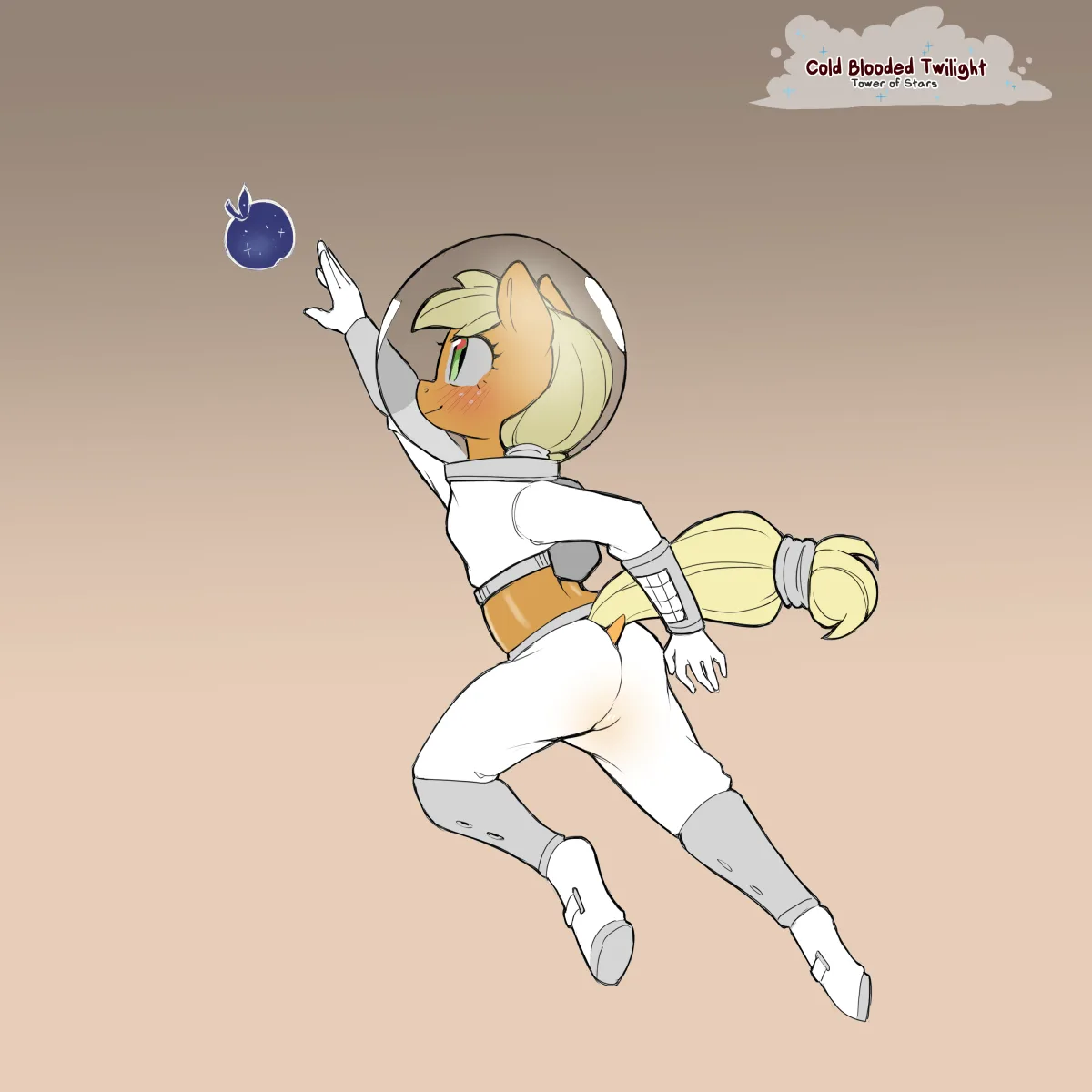 A cartoon pony with blonde hair and green eyes, wearing a white and gray astronaut suit with a clear helmet, is floating in…