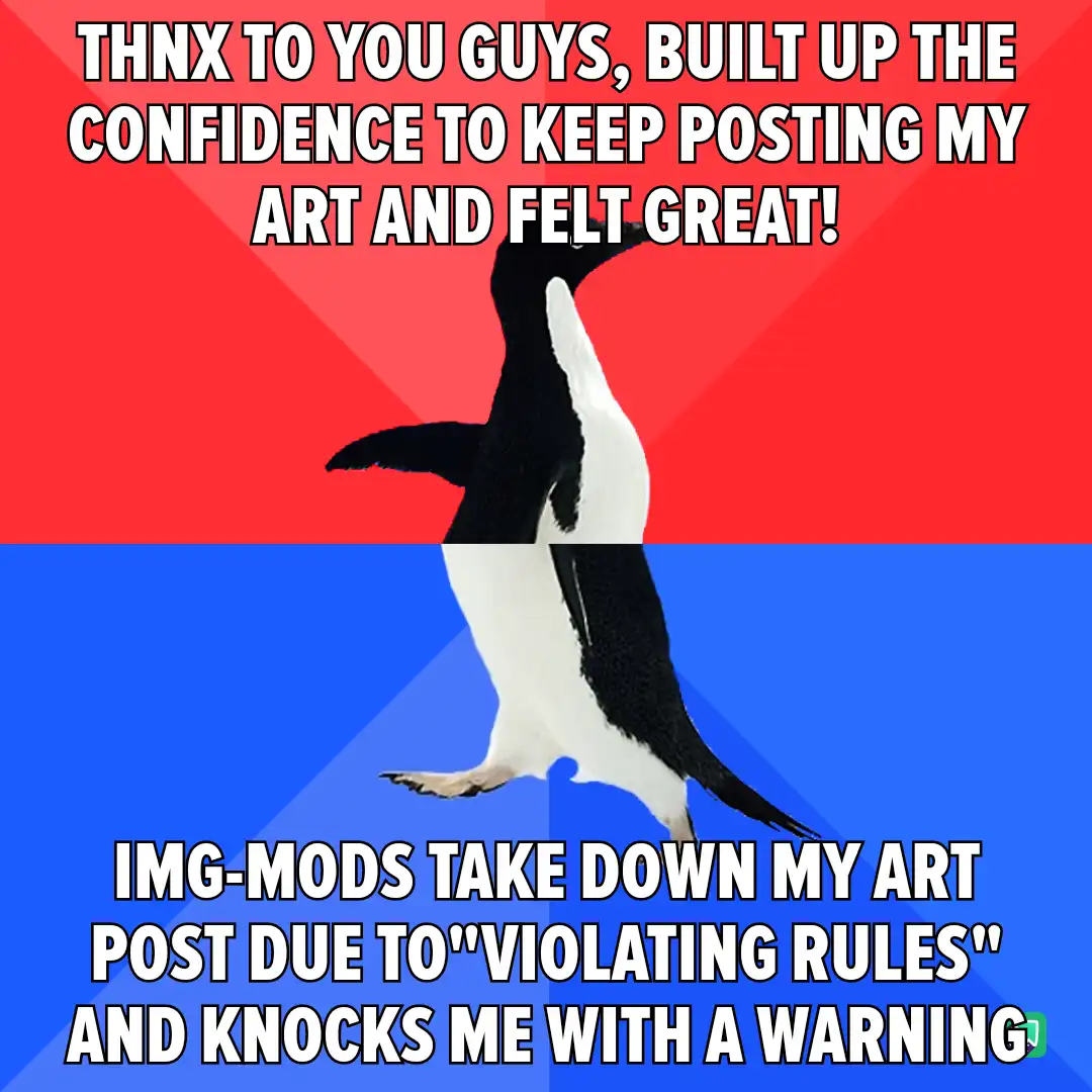A penguin stands upright against a red and blue background, with white text overlaid in two sections. The top text reads…