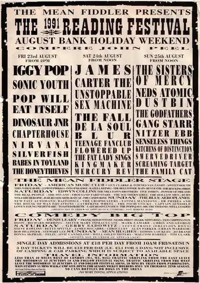 A vintage 1991 Reading Festival poster lists bands like Iggy Pop, Sonic Youth, and The Sisters of Mercy across three days…