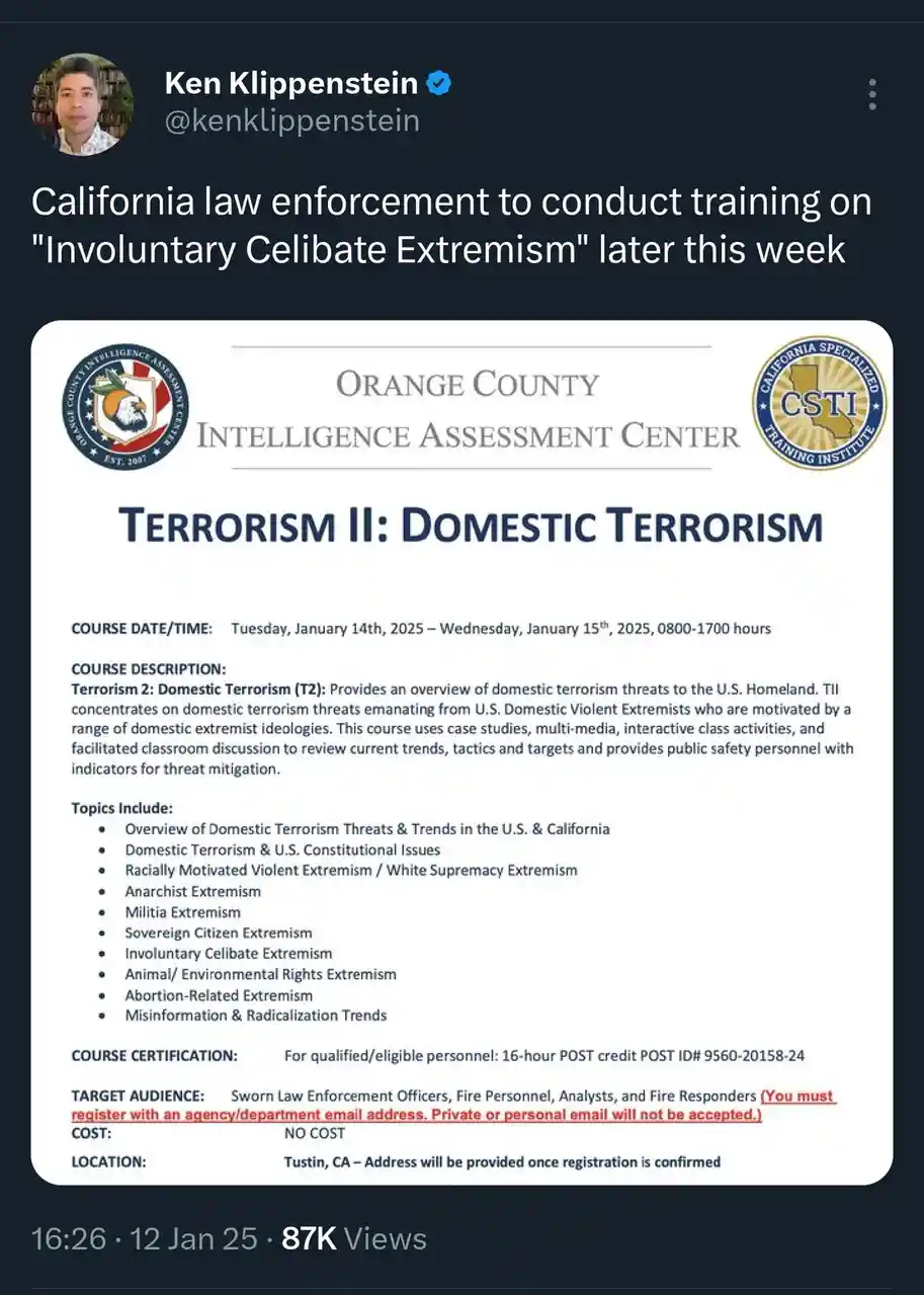 A screenshot of a tweet by Ken Klippenstein shows a training flyer from the Orange County Intelligence Assessment Center for…