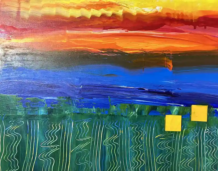 A vibrant, textured painting depicts a sunset with orange and yellow skies over a blue body of water and green grassy…