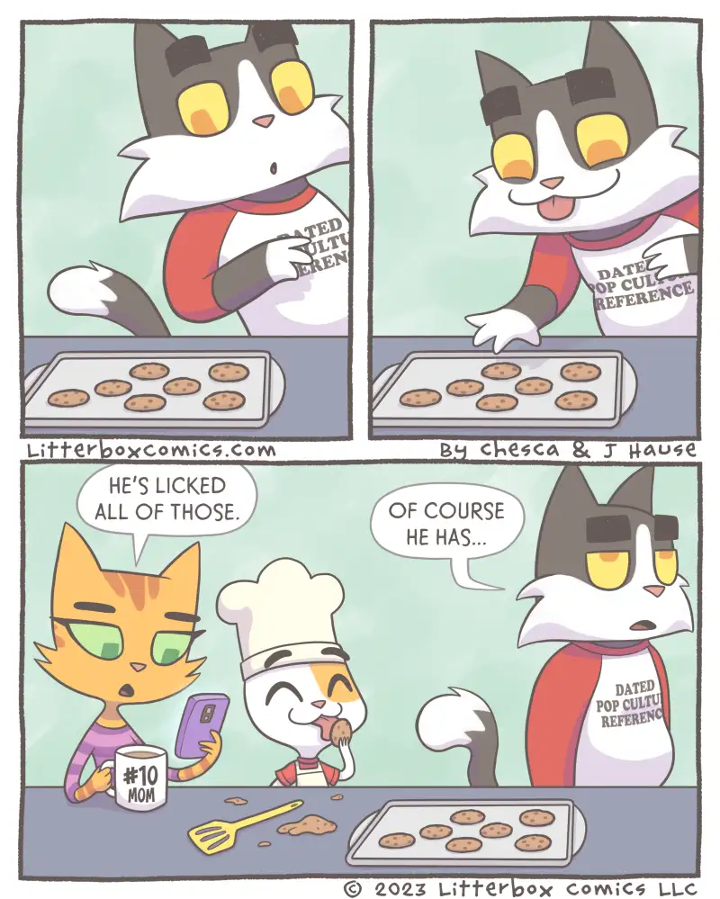 A three-panel comic strip featuring anthropomorphic cats. In the first two panels, a grey and white cat in a red and white…