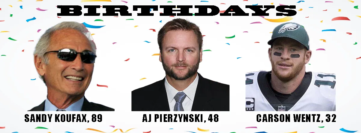 The image displays three men side-by-side against a white background with colorful confetti. From left to right: an older…