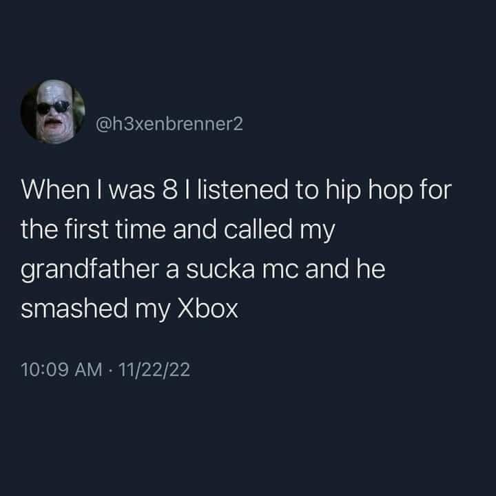 A screenshot of a tweet from user @h3xenbrenner2, featuring a profile picture of a man with a pale face and sunglasses. The…
