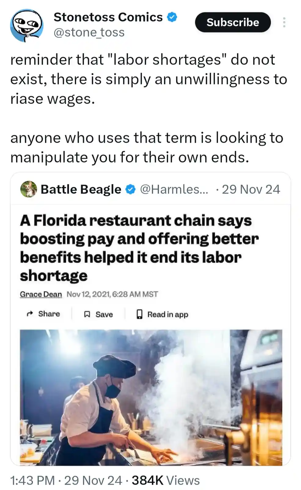 The image shows a screenshot of a Twitter post by 'Stonetoss Comics' that includes a news article about a Florida restaurant…