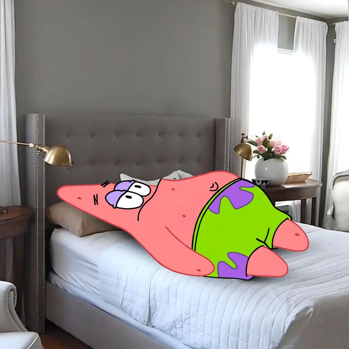 A cartoon starfish character, Patrick Star from SpongeBob SquarePants, is digitally superimposed lying on a neatly made bed…