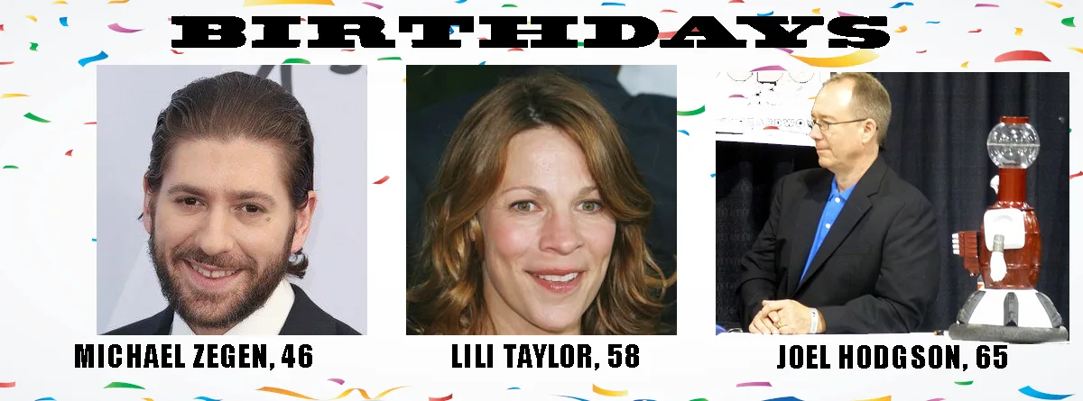 A birthday-themed collage with confetti background and three headshots: Michael Zegen (46), Lili Taylor (58), and Joel…