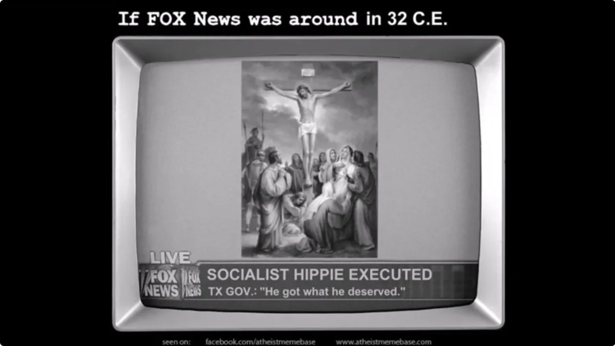 A black-and-white image of a vintage television set displaying a classical painting of Jesus on the cross. The TV screen has…