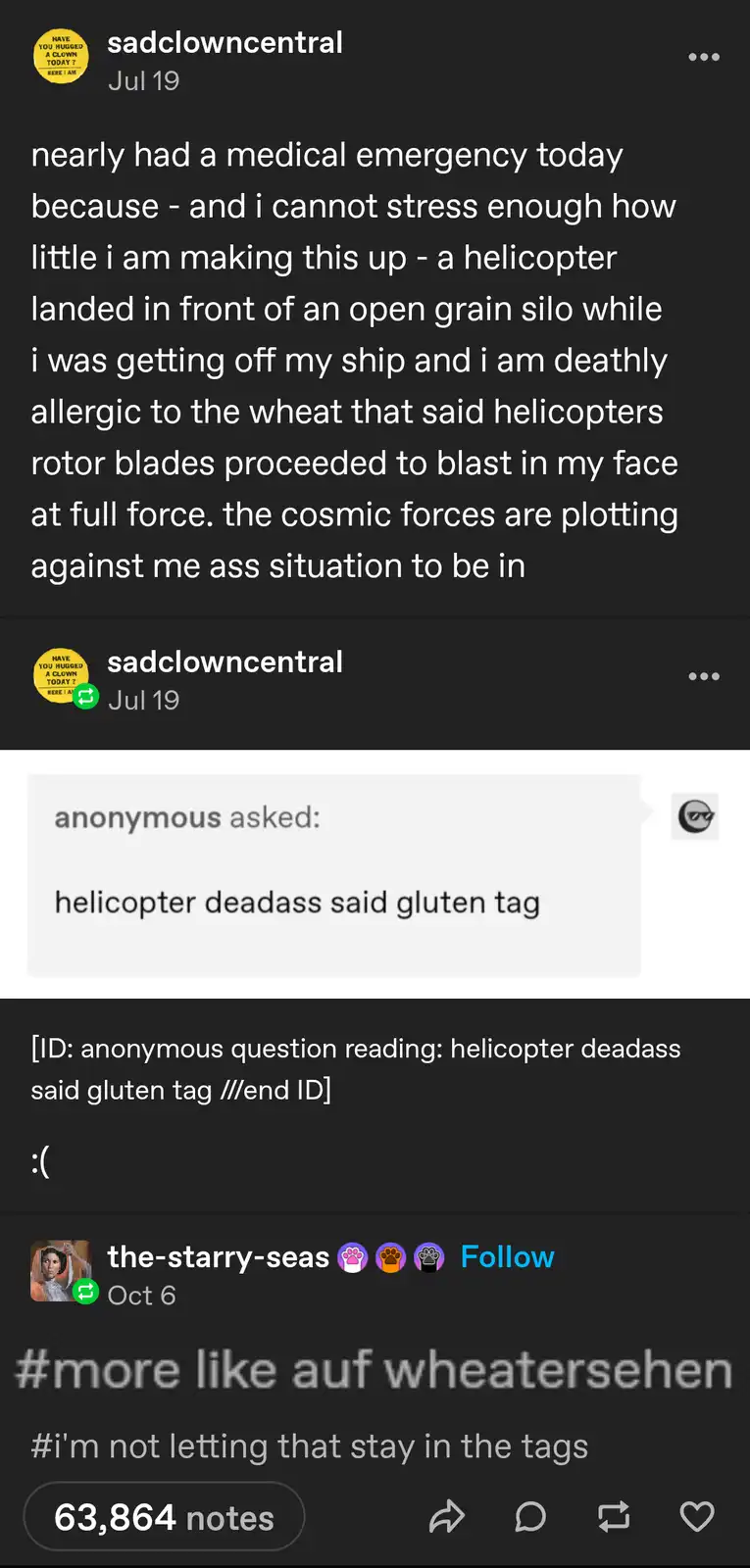 A screenshot of a Tumblr post showing a user claiming to have nearly died from a wheat allergy after a helicopter landed…