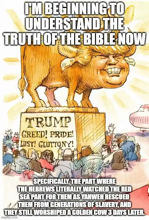 A cartoon depicts a caricature of Donald Trump with a bull's head and horns, standing atop a pedestal labeled 'TRUMP GREED!…
