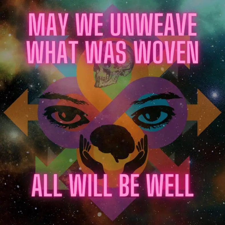 A cosmic, psychedelic image features a stylized face with large, colorful eyes and a skull in the background, overlaid with…