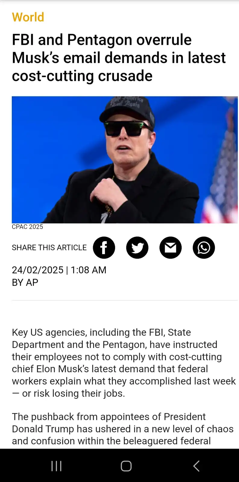A screenshot of a fake news article from 'CPAC 2025' dated 24/02/2025, featuring a photo of Elon Musk wearing a 'Make…