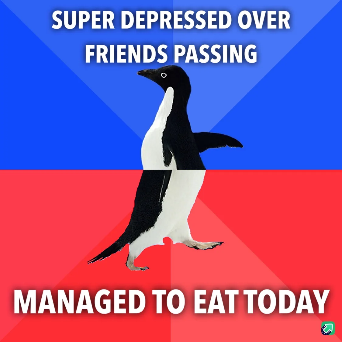 A black-and-white penguin walks across a split background of blue and red. The top text reads 'SUPER DEPRESSED OVER FRIENDS…