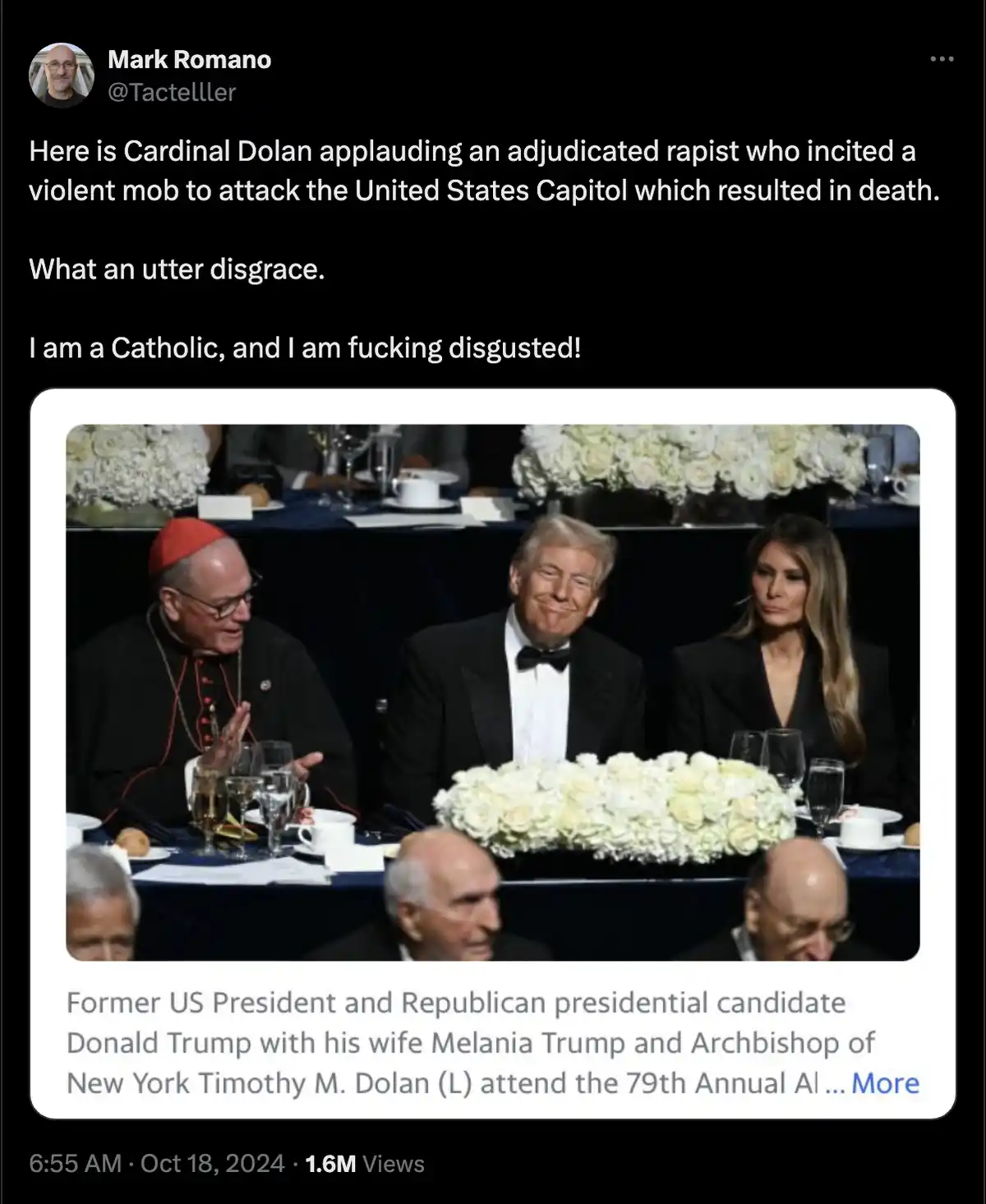 A photo shows Cardinal Timothy Dolan clapping at a formal dinner table next to Donald Trump and Melania Trump. The overlaid…