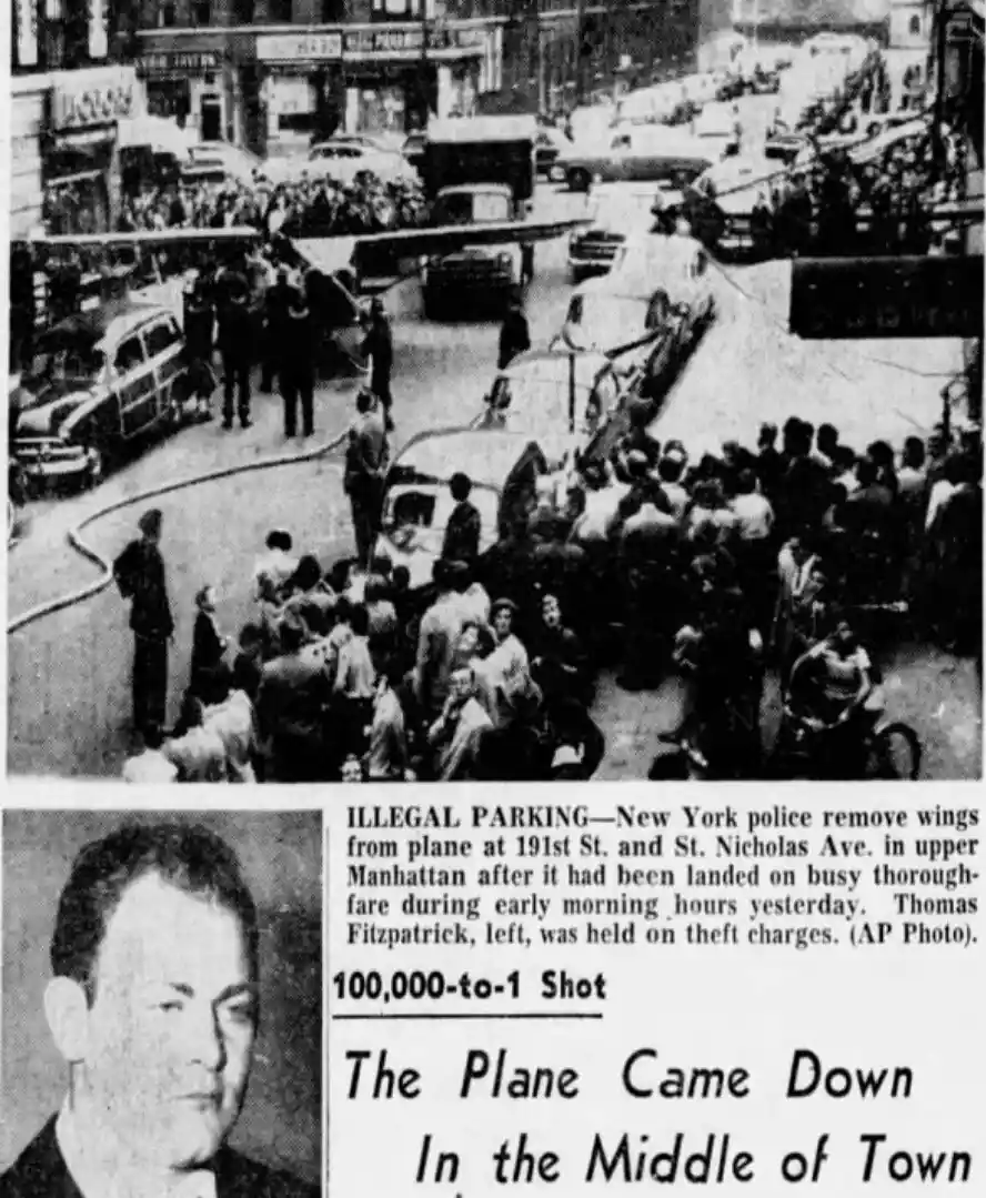 A black-and-white newspaper clipping shows a chaotic street scene with a small airplane on its side among cars and crowds…