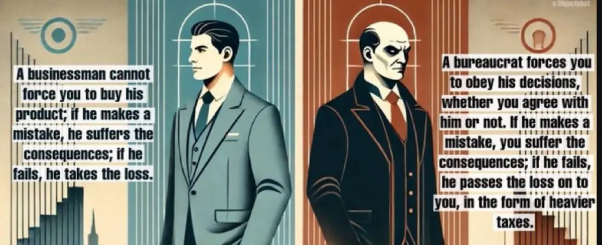 The image shows two illustrated men in suits, one on the left with a calm expression and a blue background, and one on the…