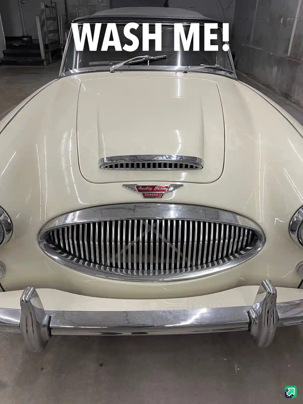 A front-facing photo of a cream-colored classic Austin-Healey 3000 Mark III sports car parked inside a garage, with the bold…