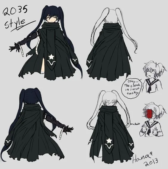A character design sheet shows a black-clad anime girl with long dark hair in multiple views, including front, back, and…