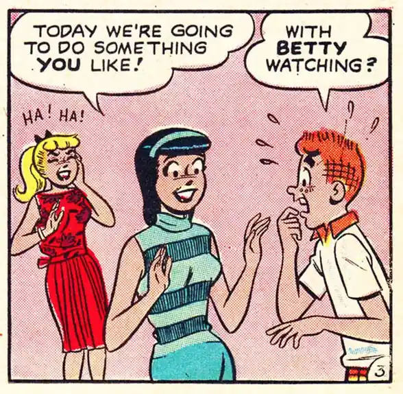 A vintage comic panel shows a woman in a striped dress enthusiastically telling a boy, 'Today we're going to do something…