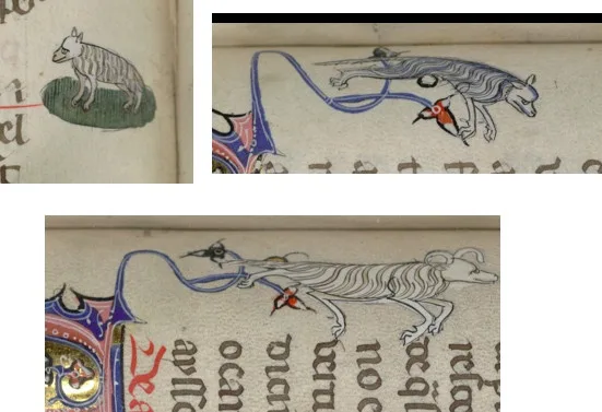 The image displays three panels from a medieval manuscript, each showing a stylized animal illustration. The top-left panel…