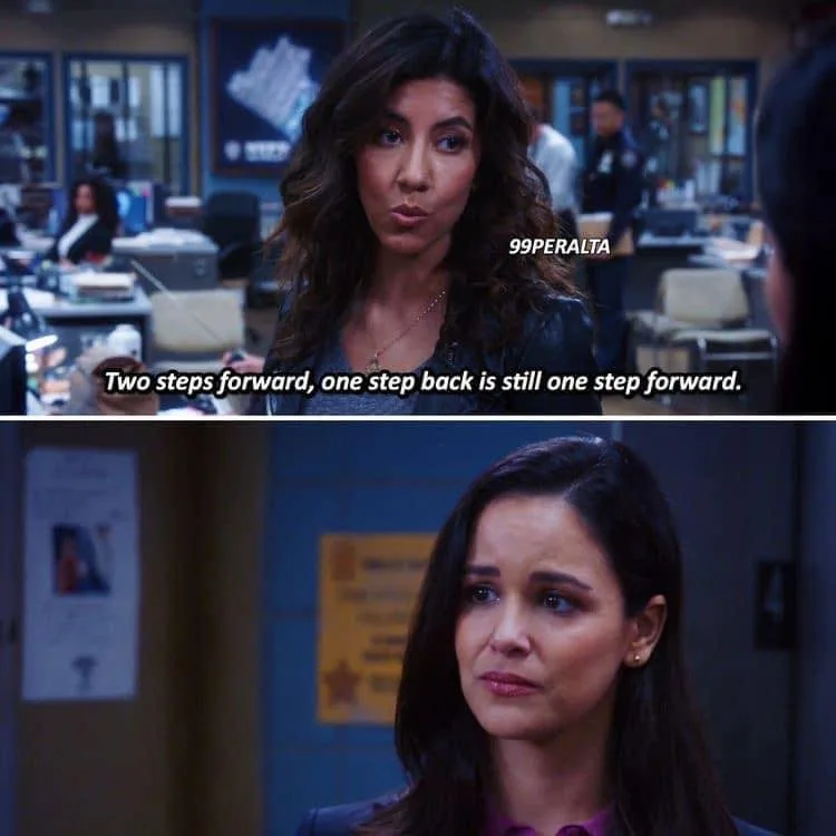 The top panel shows a woman in a police station setting with the text '99PERALTA' and the quote 'Two steps forward, one step…