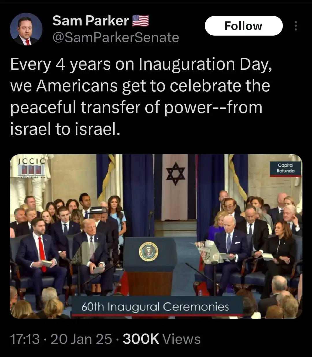 A screenshot of a tweet by Sam Parker showing a photo from the 60th Inaugural Ceremonies in the Capitol Rotunda. The image…