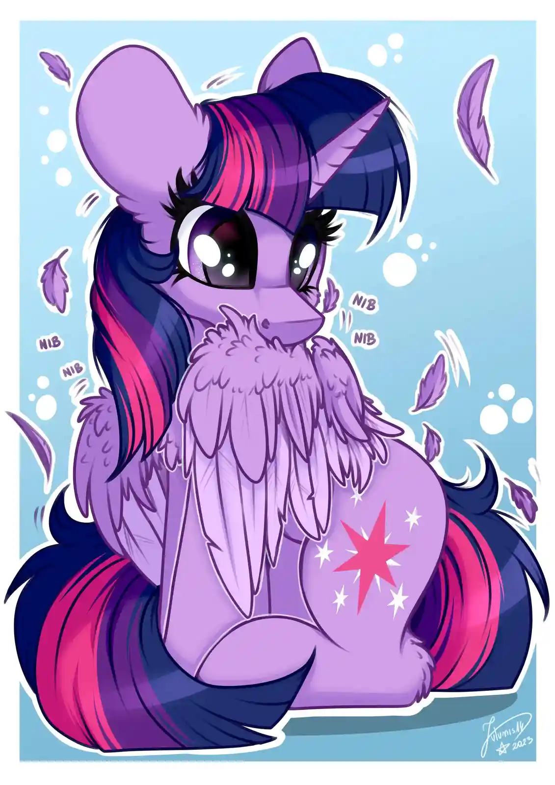 A purple cartoon pony with a dark blue and pink mane, large expressive eyes, and a single horn, is depicted sitting and…