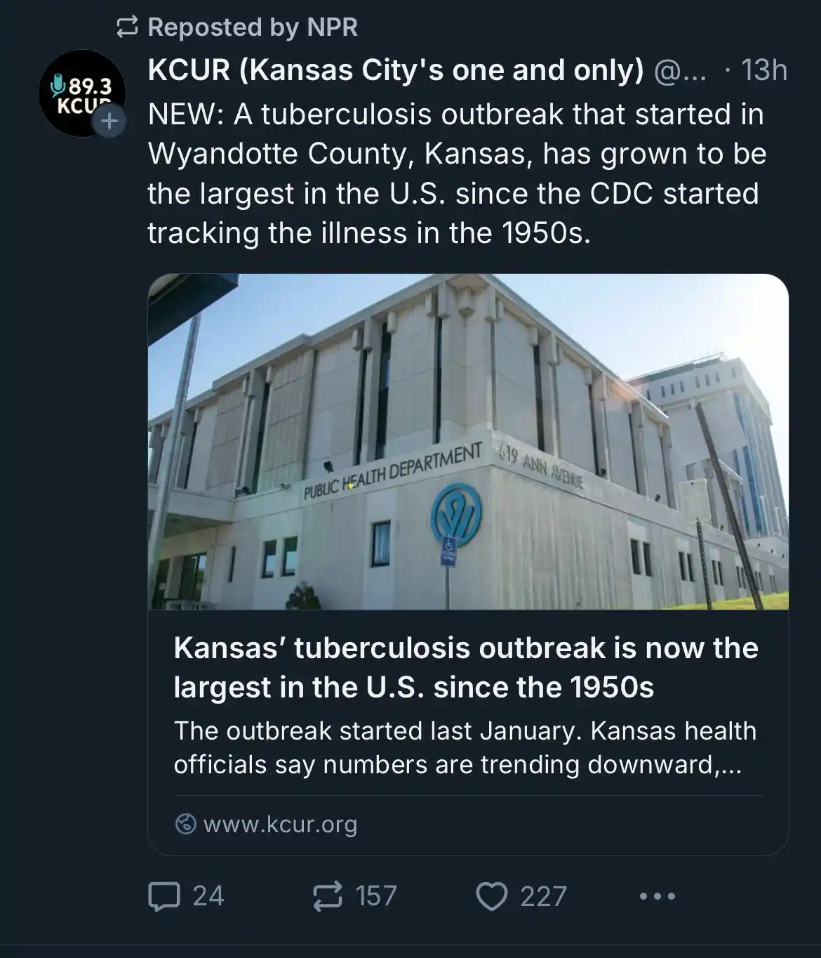 A screenshot of a KCUR news post about a tuberculosis outbreak in Kansas, overlaid on a photo of a beige public health…
