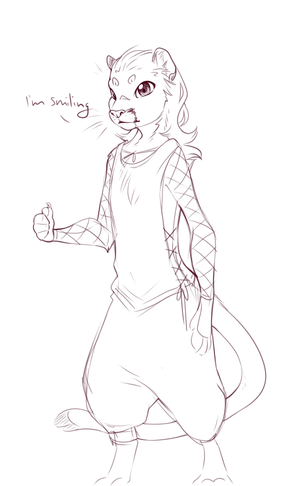 A sketch of an anthropomorphic feline character with a forced, strained smile and a clenched fist, with the text 'I'm…