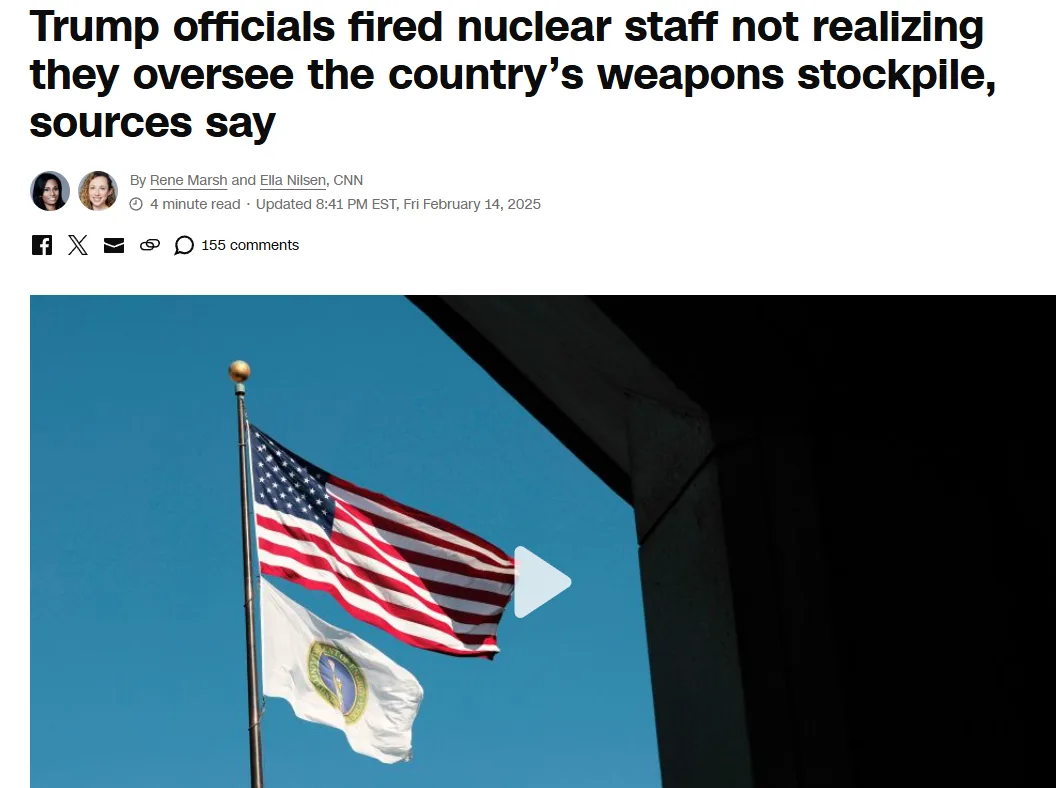 A screenshot of a CNN news article header showing a headline about Trump officials firing nuclear staff, with an image below…