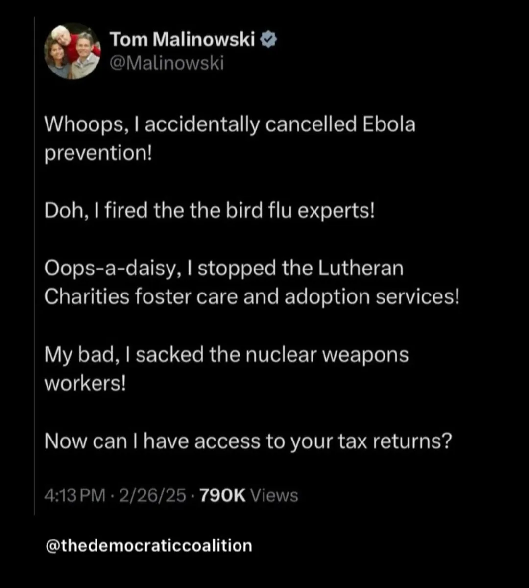 A screenshot of a Twitter post by Tom Malinowski showing a series of sarcastic 'oops' statements about canceling public…