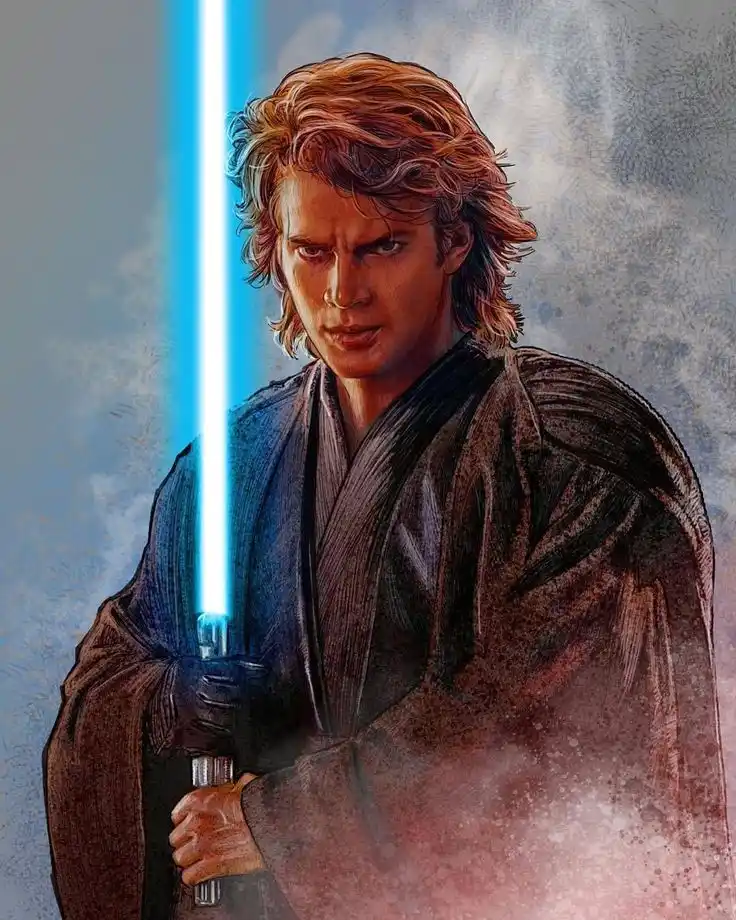 A digital illustration of the Star Wars character Anakin Skywalker, depicted with his signature brown hair and Jedi robes…