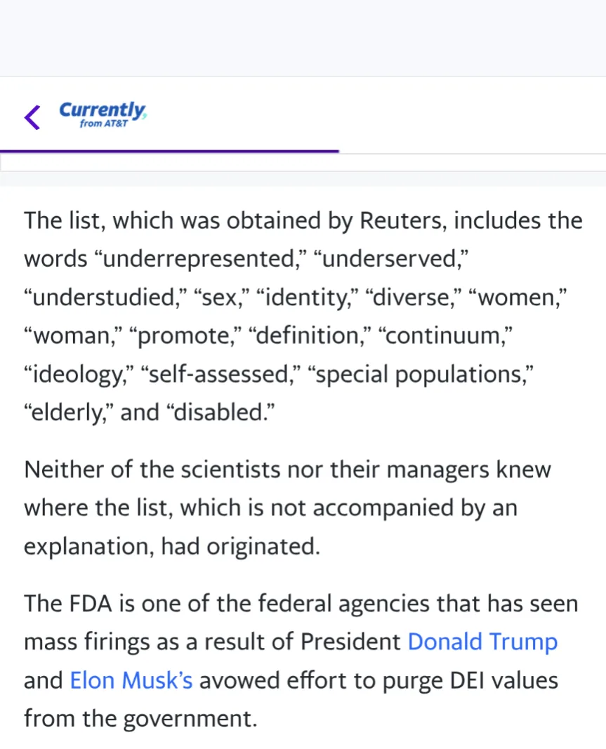 A screenshot of a news article from 'Currently, from AT&T' shows text about a mysterious list of DEI-related terms obtained…