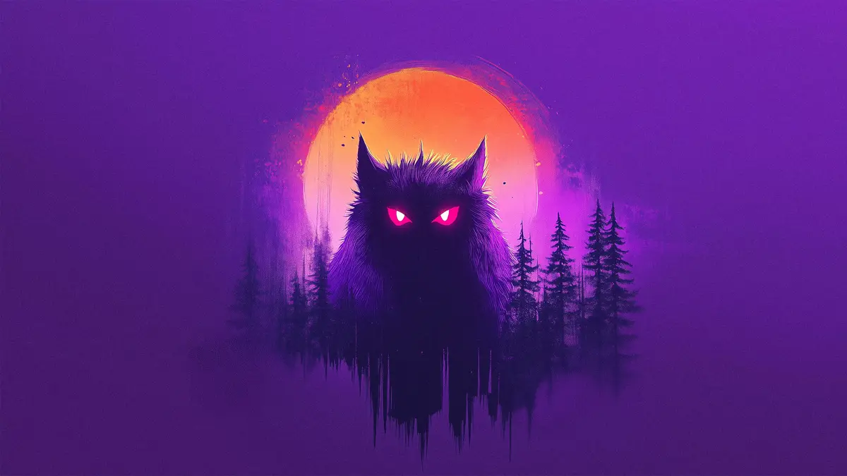 A stylized illustration shows a menacing, dark-furred wolf with glowing red eyes emerging from behind silhouetted pine trees…