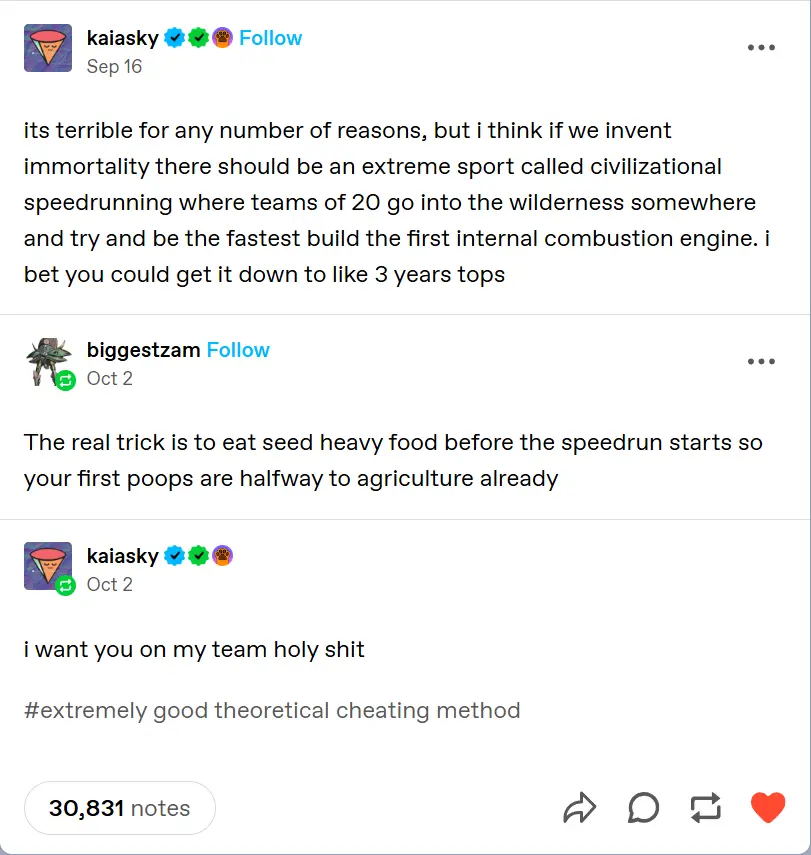 A Tumblr post shows a user proposing 'civilizational speedrunning' as an extreme sport to build an internal combustion…