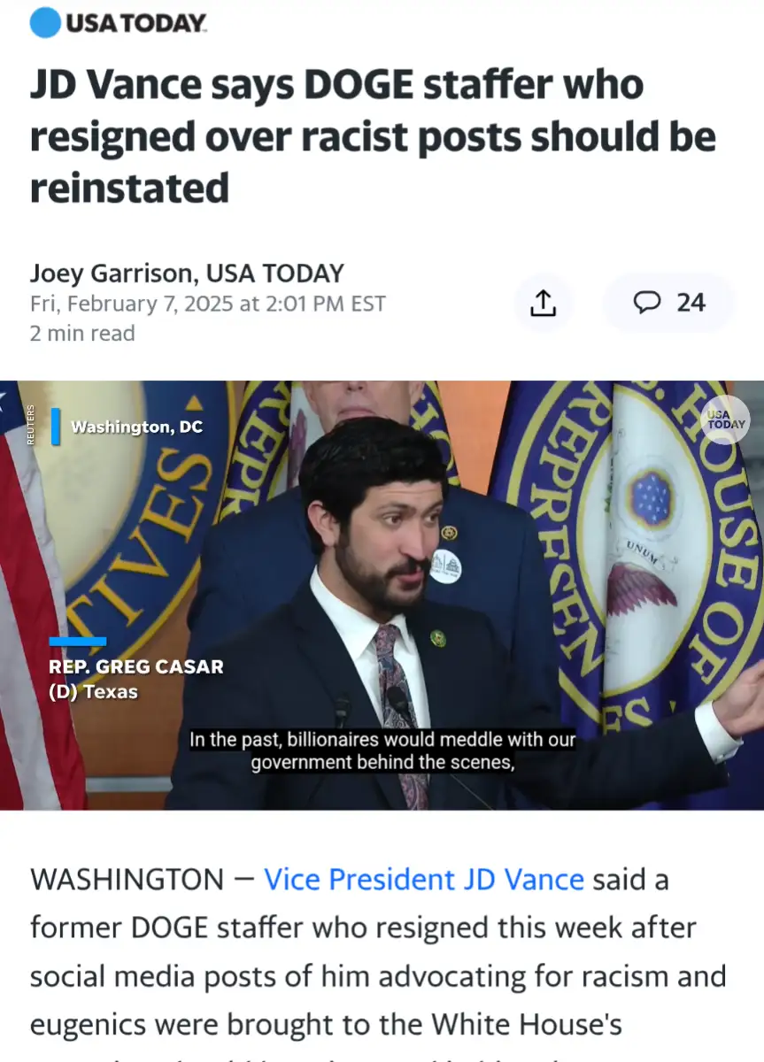 A screenshot of a USA TODAY news article about JD Vance's controversial comments. The image shows Rep. Greg Casar speaking…