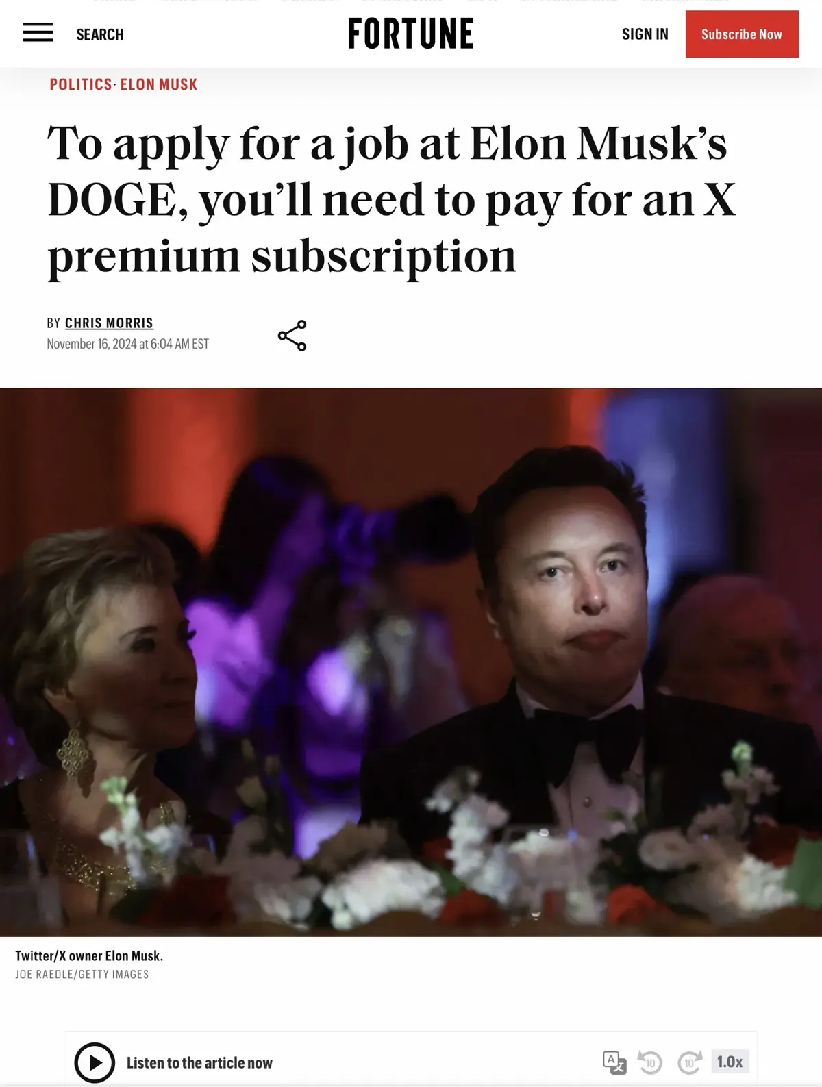 A screenshot of a Fortune magazine article header showing Elon Musk at a formal event, with the headline 'To apply for a job…