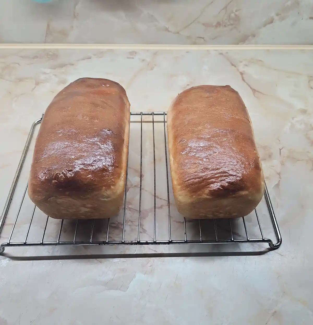 Two golden-brown, glossy loaves of bread sit side-by-side on a metal cooling rack atop a marbled kitchen countertop. The…