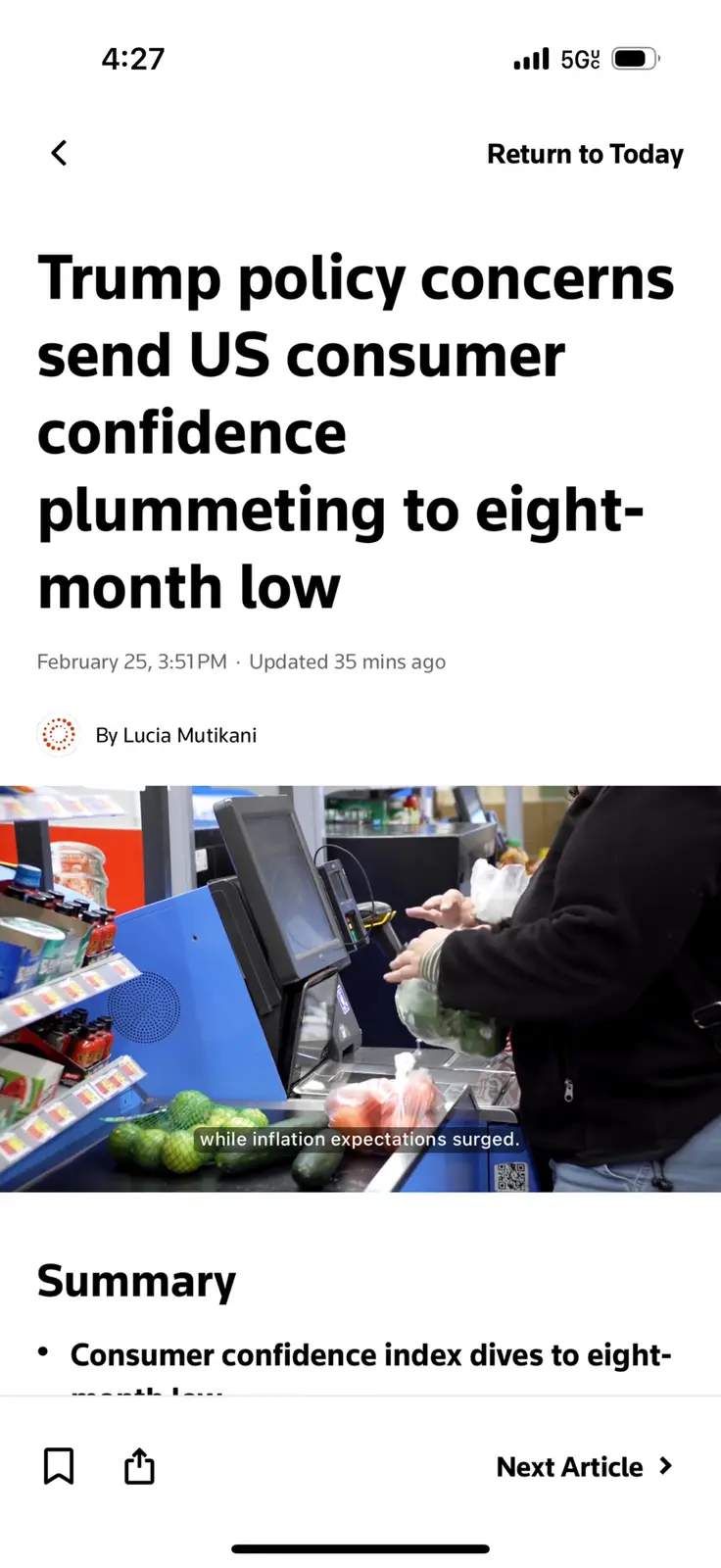 A screenshot of a news article about Trump policy concerns lowering US consumer confidence, overlaid with the text 'while…